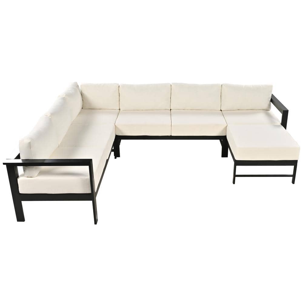 Black Frame Metal Outdoor Sectional Sofa Set, U-shaped Multi-person Patio S