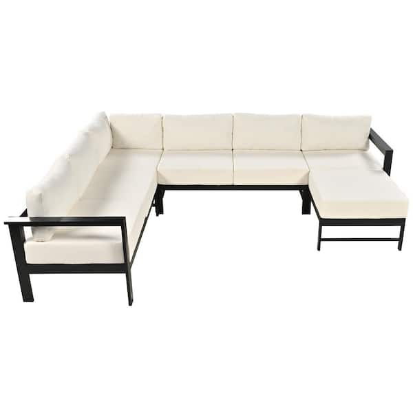Unbranded Black Frame Metal Outdoor Sectional Sofa Set, U-shaped Multi-person Patio Sofa Set, with White Cushions, for Gardens