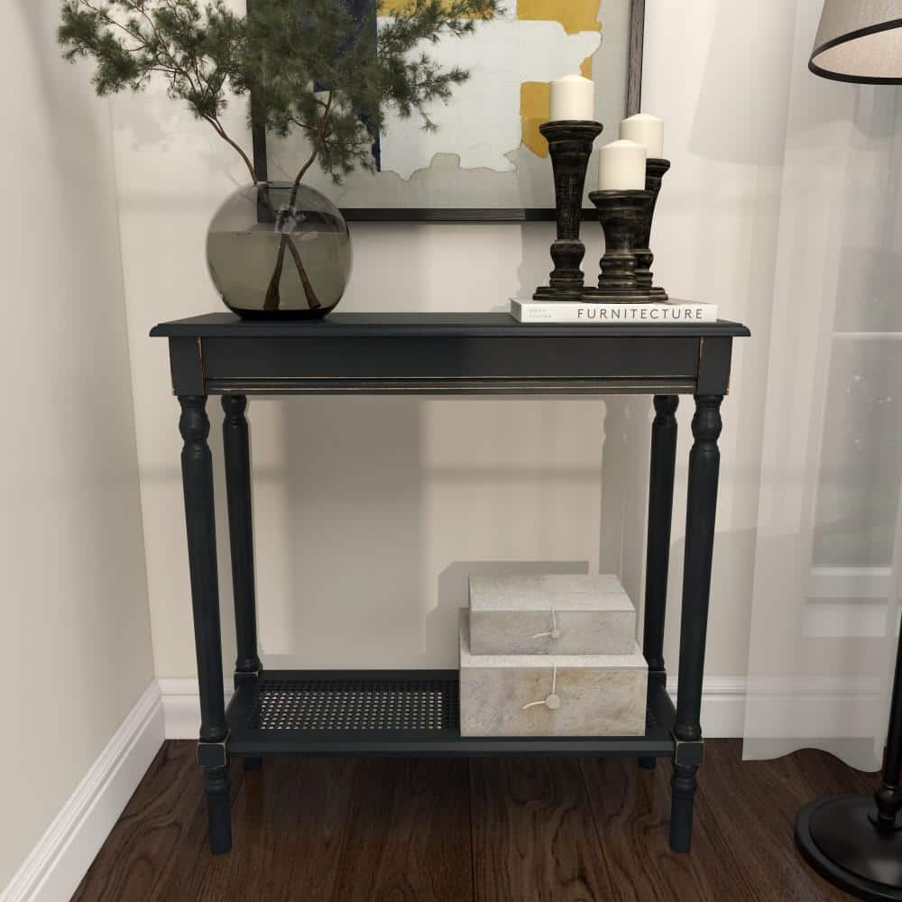 Black Wood Console Table with Glass Shelf and Storage