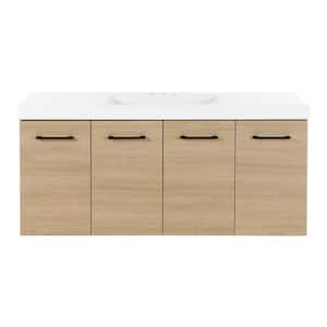 Stella 49 in. Single Sink Beige Oak Floating Bath Vanity with White Cultured Marble Top (Assembled)