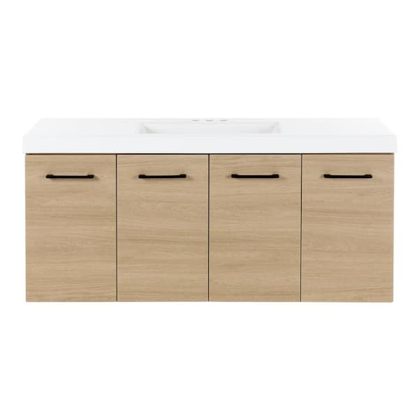 Stella 49 in. Single Sink Beige Oak Floating Bath Vanity with White Cultured Marble Top (Assembled)