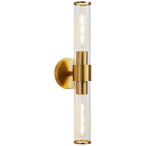 7.21 in. 2-Light Gold Vanity Lights in Clear with Glass Indoor Wall Mount Lamp for Bathroom, Living Room