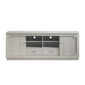 Farmhouse Saw Cut Off White 67 in. TV Stand with Built-In Sliding Doors Storage Cabinet and Open Shelves