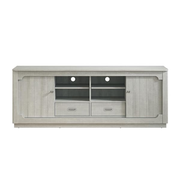 FESTIVO Farmhouse Saw Cut Off White 67 in. TV Stand with Built-In Sliding Doors Storage Cabinet and Open Shelves