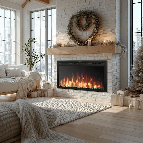 33in. Electric Fireplace Inserts, Mixed Flame Colors, Brightness and Speed Adjustment, Crackling Sound, Timer,Thermostat