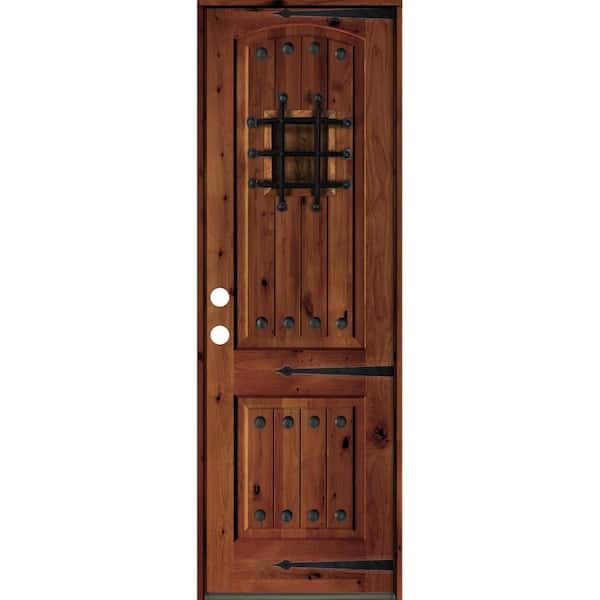 Krosswood Doors 30 in. x 96 in. Mediterranean Knotty Alder Arch Top Red Chestnut Stain Right-Hand Inswing Wood Single Prehung Front Door
