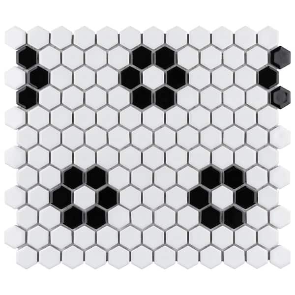 Merola Tile Metro 1 in. Hex Glossy White with Flower 10-1/4 in. x 11-7/8 in. Porcelain Mosaic Tile (8.6 sq. ft./Case)