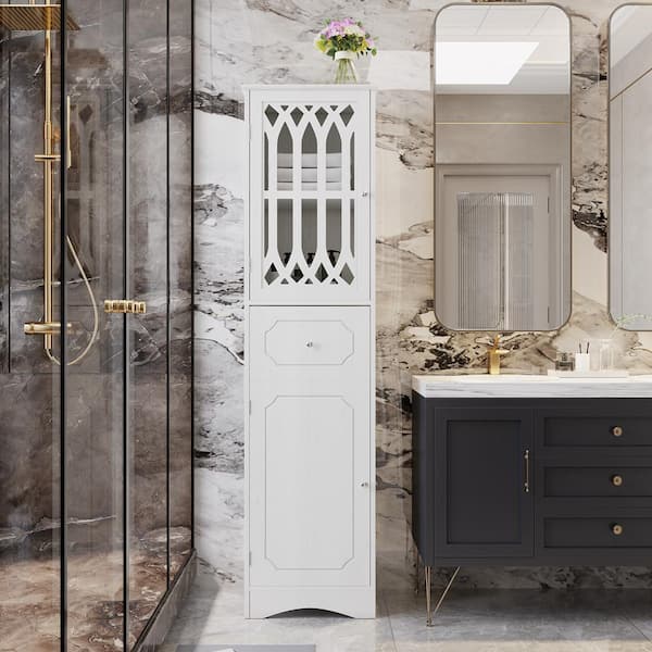 aisword White Tall Bathroom Cabinet, Freestanding Storage Cabinet with Drawer and Doors, Acrylic Door, Adjustable Shelf