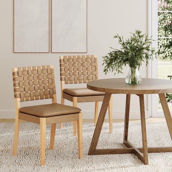 Cohen 19 in. Wood Mid-Century Modern Side Dining Chair with Woven Faux Leather Back for Kitchen, Natural Brown, Set of 2