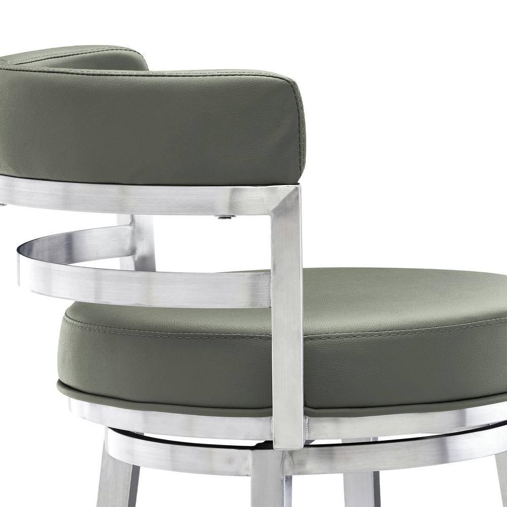 Sleek Swivel 30" Bar Height Grey Faux Leather & Brushed Stainless Steel Stool