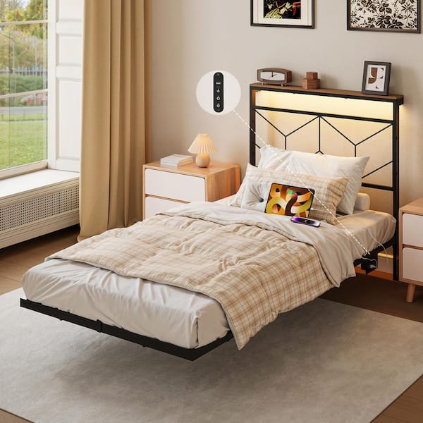 Twin Size Floating Bed Frame Metal Platform Bed Frame with LED Lights and Charging Station Easy Assembly，Black