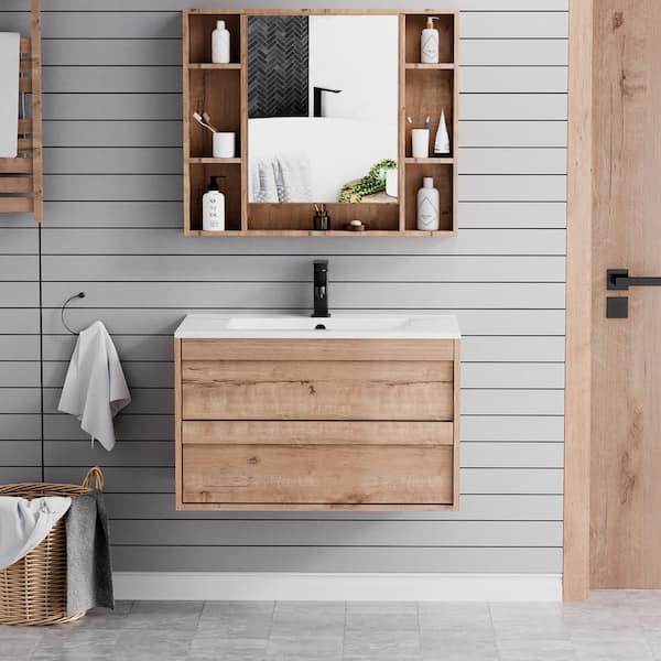 30 in. W x 18.1 in. D x 18.1 in. H Single Sink Bath Vanity in Oak with White Ceramic Top and Drain Faucet Set