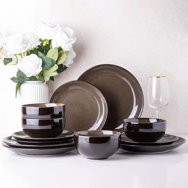 12-Piece Moonlight Chestnut Brown Ceramic Dinnerware Set (Service for 4 ...