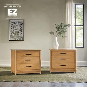 Contemporary English Oak 3-Drawer 30.25 in. W Solid Wood Nightstand with Curved Edge, Set of 2