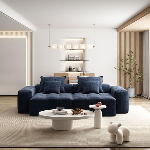 YSLN 113 in. Modular Tufted Chenille 4-Seater Sectional Sofa in. Ink Navy with Luxe Sparkle Fabric and No-Assembly