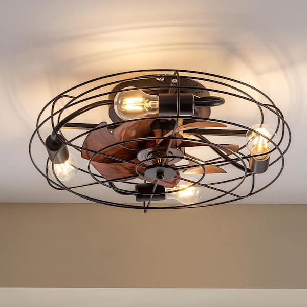 Lasaideal 20 in. 4-Light indoor Wood Grain Farmhouse Caged Low Profile Ceiling Fan Flush Mount Remote Control with Bulbs Included