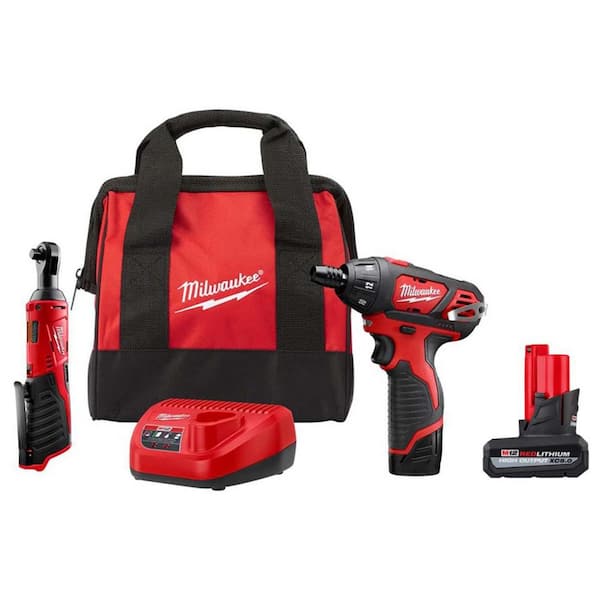 M12 12V Lithium-Ion Cordless 3/8 in. Ratchet and Screwdriver Combo Kit (2-Tool) with Batteries, Charger, Tool Bag
