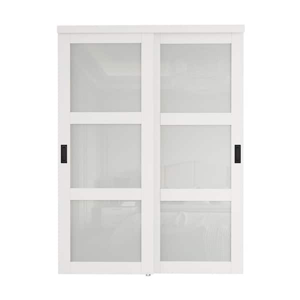 60 in. x 96 in. 3-Lite Frosted Glass White Finished MDF Interior Closet Sliding Door with Hardware and Black Handles