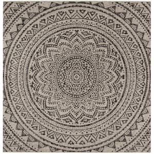 Courtyard Light Gray/Black 7 ft. x 7 ft. Square Border Indoor/Outdoor Patio  Area Rug