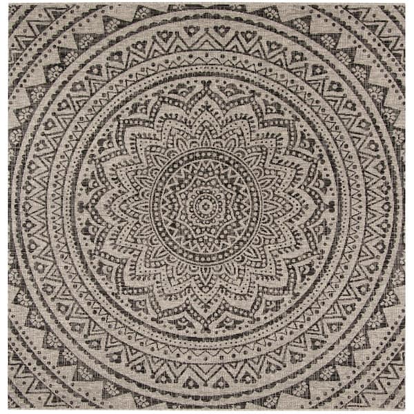 SAFAVIEH Courtyard Light Gray/Black 9 ft. x 9 ft. Square Medallion Indoor/Outdoor Area Rug