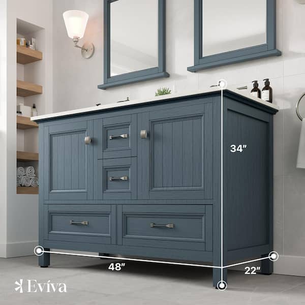 Eviva Britney 48 in. W x 22 in. D Ash Blue Double Sink Bathroom Vanity with White Carrara Quartz Top and Undermount Sinks