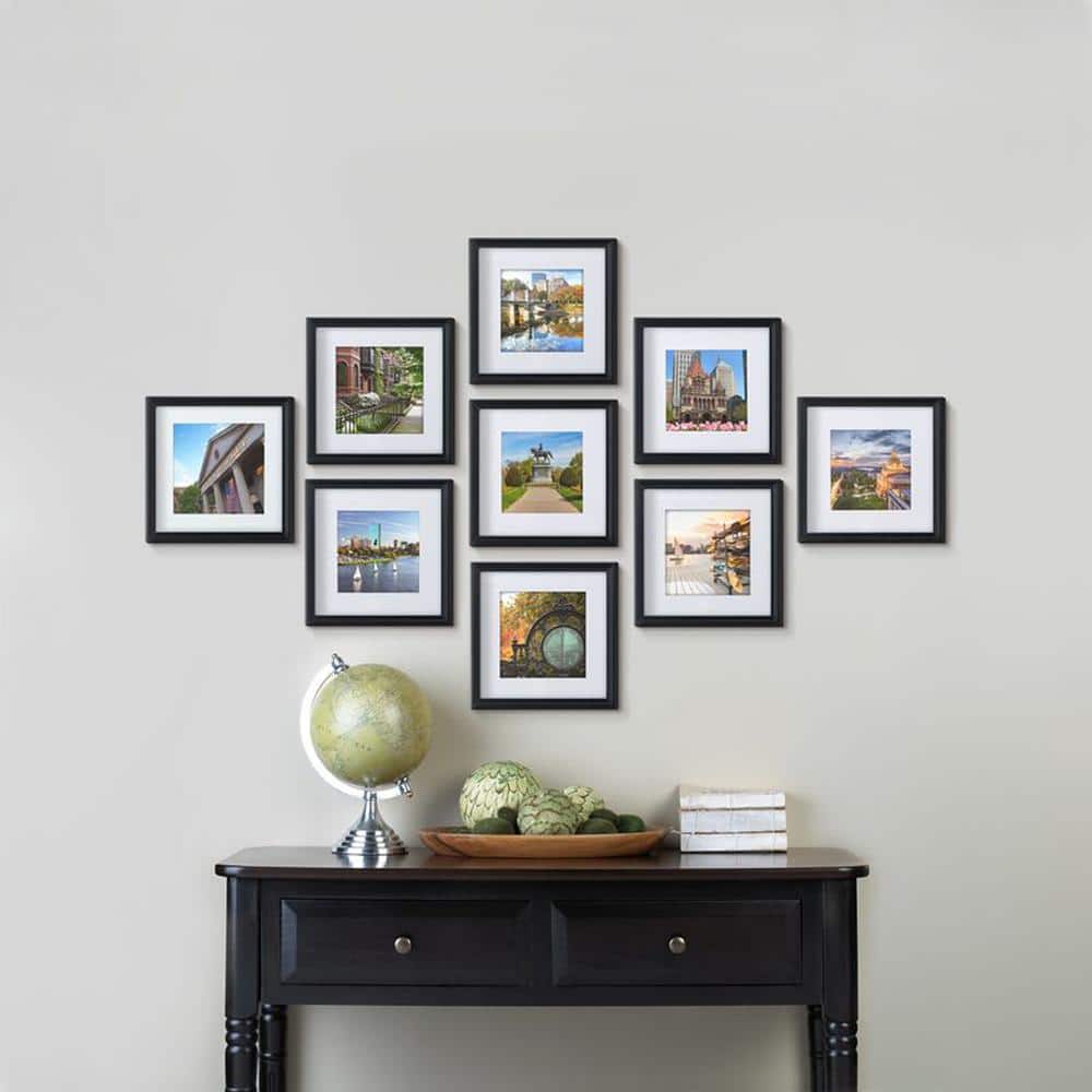 Set of Nine Black Matte Wood Wall-Mounted Photo Frames
