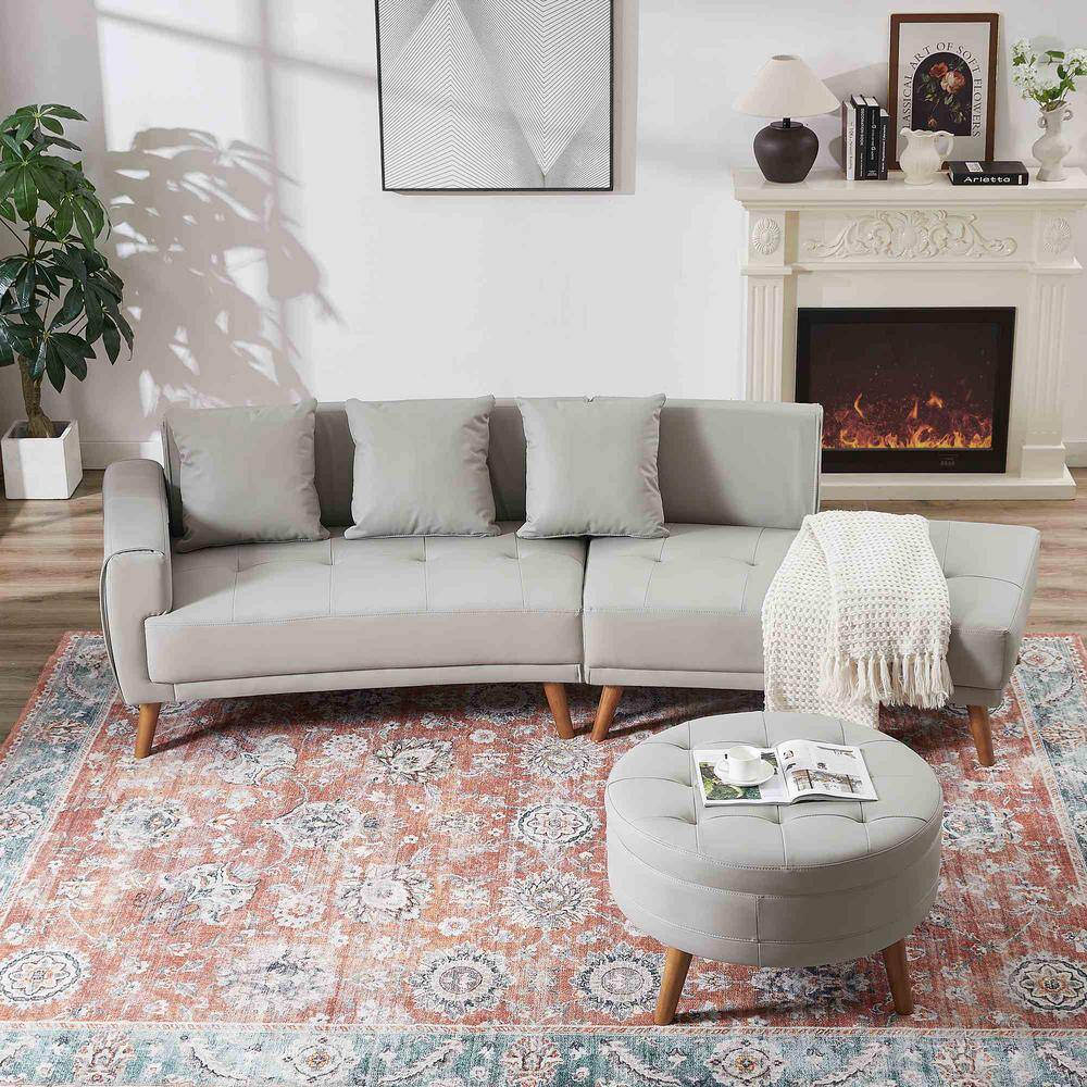 107 in. Square Arm Faux Leather Rectangle Sofa with a Round Storage Ottoman and Three Removable Pillows in. Grey