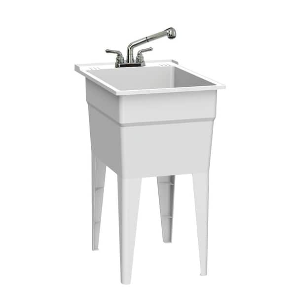 RUGGED TUB 18 in. x 24 in. Polypropylene White Laundry Sink with 2 Hdl Non Metallic Pullout Faucet and Installation Kit