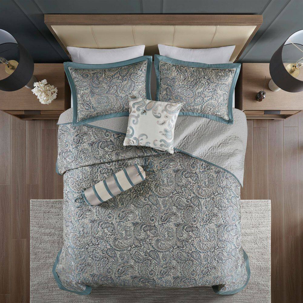 Teal and Gray Reversible Microfiber Queen Bedspread Set
