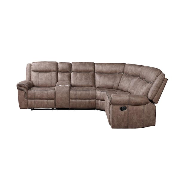 Acme Furniture Dollum 187 in. W Rolled Arm 3-Piece Velvet L Shaped Modern Sectional Sofa in Brown with Cupholders