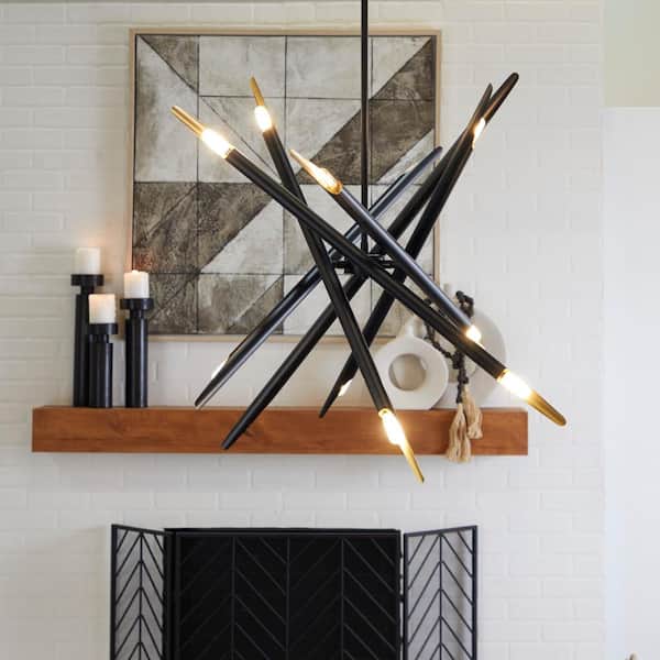 Litton Lane 60-Watt Integrated LED Black Metal Abstract 12 Light Chandelier with Angled Beams and Suspension Rod
