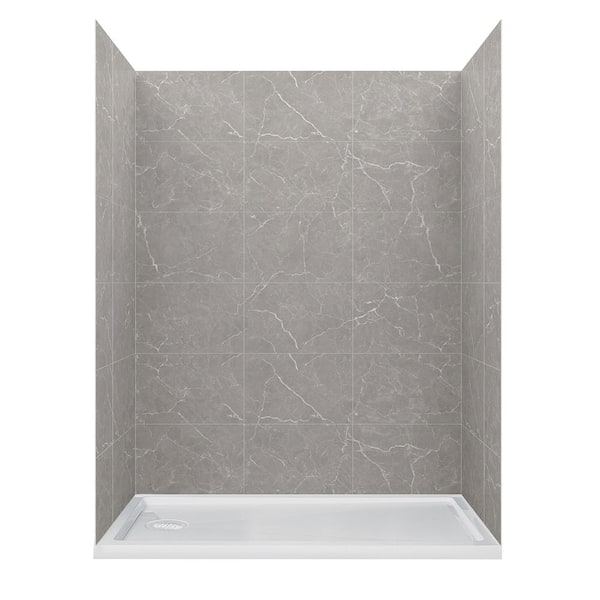 60 in. L 30 in. W 78 in. H 2 Piece Alcove Shower Kit with Glue Up Shower Wall and Shower Pan in Polished Grey Marble