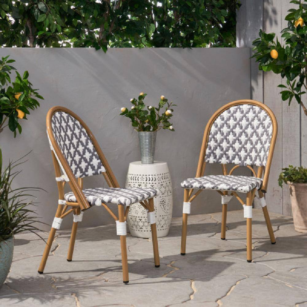 Gray and White Bamboo Print Outdoor Aluminum Bistro Dining Chairs