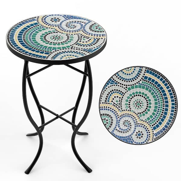 Weather Resistant 14 in. Dia 21 in. H Ceramic Tile Round Outside Table for