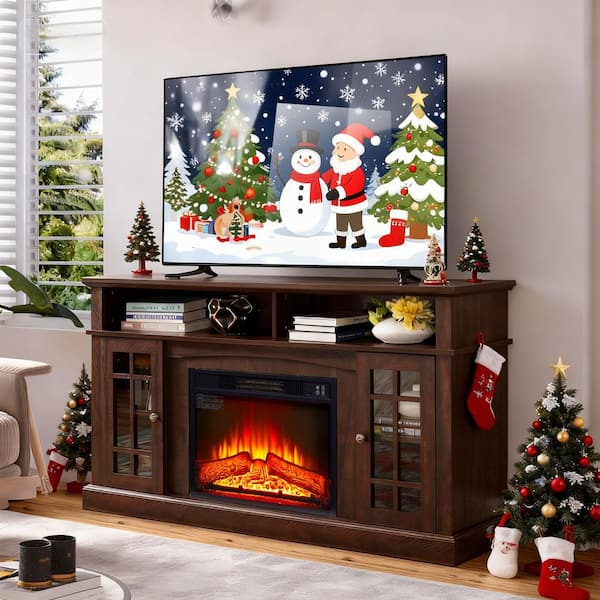 58 in. Classic Electric Fireplace TV Stand with Glass Doors and Adjustable Shelves in Espresso