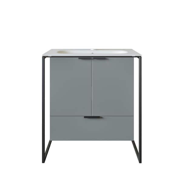 Moma 32 in. Single Sink Floating Gray Bath Vanity with White Solid Surface Top (Assembled)