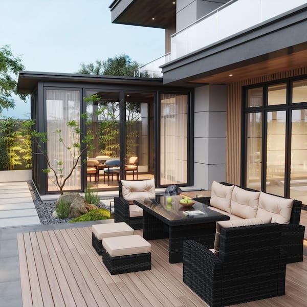 Runesay 6-Piece Black Wicker Patio Conversation Seating Set with Brown Cushions