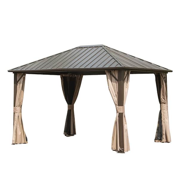 Beaulo 12 ft. x 10 ft. Aluminum Hardtop Gazebo in Dark Brown with Galvanized Steel Roof and Mosquito Net