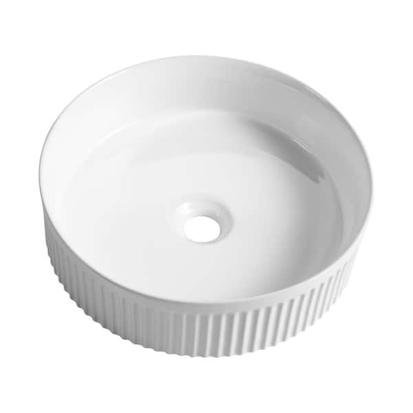 Flynama Ceramic Circular Vessel Sink Art Bathroom Sink in White Line