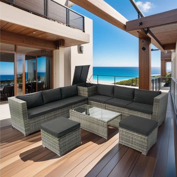 8-Piece Wicker Outdoor Sectional Set with Black Cushions, Patio Sofa Set for Garden, Backyard