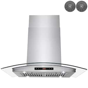 36 in. 343 CFM Convertible Island Mount Range Hood with Tempered Glass and Carbon Filters in Stainless Steel