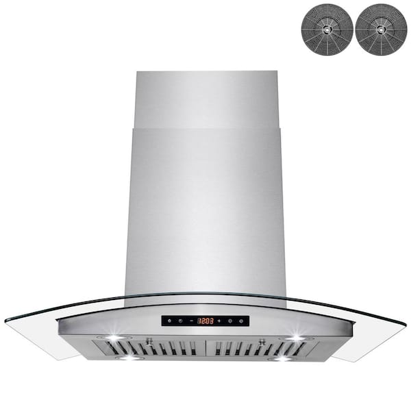 AKDY 36 in. 343 CFM Convertible Island Mount Range Hood with Tempered Glass and Carbon Filters in Stainless Steel
