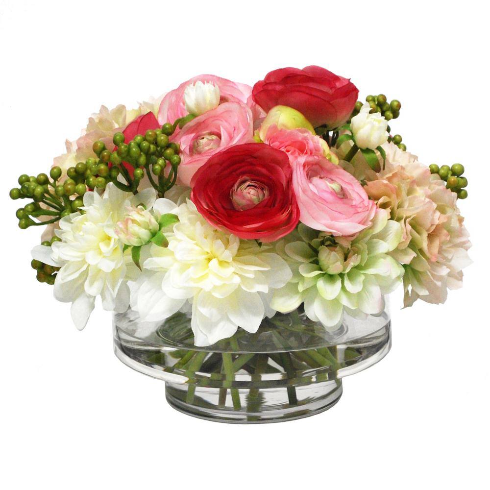 9 in. Pink Indoor Artificial Rose and Hydrangea in Clear Vase