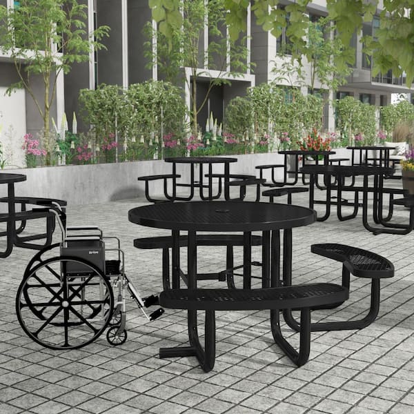 Creekside 82.5 in. Black Round Steel Outdoor Picnic Tables Seats 4 People With Umbrella Hole
