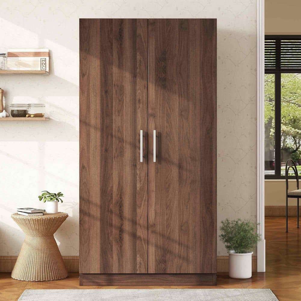 Brown Solid Wood 31.5 in. Wardrobe with 2-Door and 3 Storage Shelves