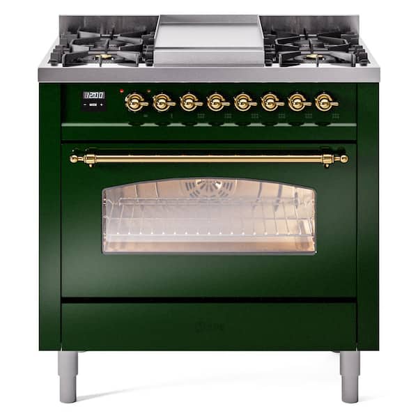 ILVE Nostalgie II 36 in. 6 Burner+Griddle Freestanding Dual Fuel Natural Gas Range in Emerald Green with Brass Trim
