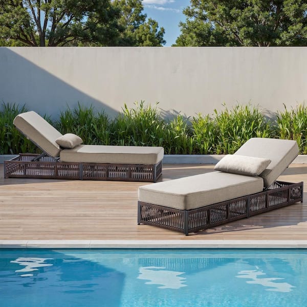 ArcoBay Brown Wicker Outdoor Chaise Lounge with 5 in. Thick Beige Cushions (2-Pack)