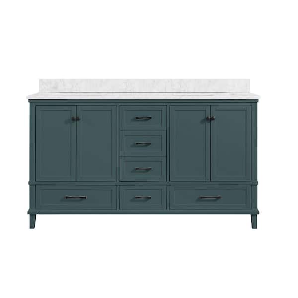 Merryfield 61 in. Double Sink Antigua Green Bath Vanity with White Carrara Marble Top (Assembled)