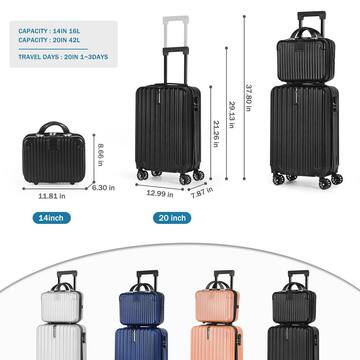 Luggage Waterproof Trolley Case with Hidden Hooks Spinner Luggage with Cosmetic Case 2 Bag Set (20 in.  14 in.) Black