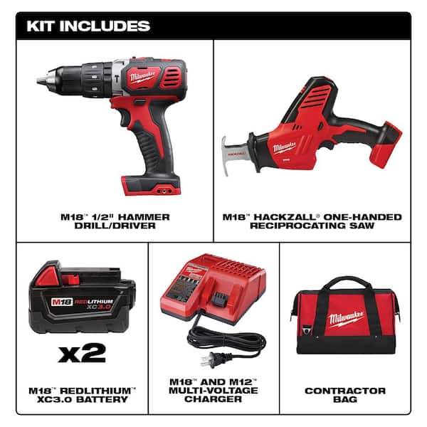 Milwaukee M18 18V Lithium-Ion Cordless Hammer Drill/Hackzall Combo Kit (2- Tool) with (2) 3.0Ah Batteries, Charger, Tool Bag 2695-22 The Home Depot